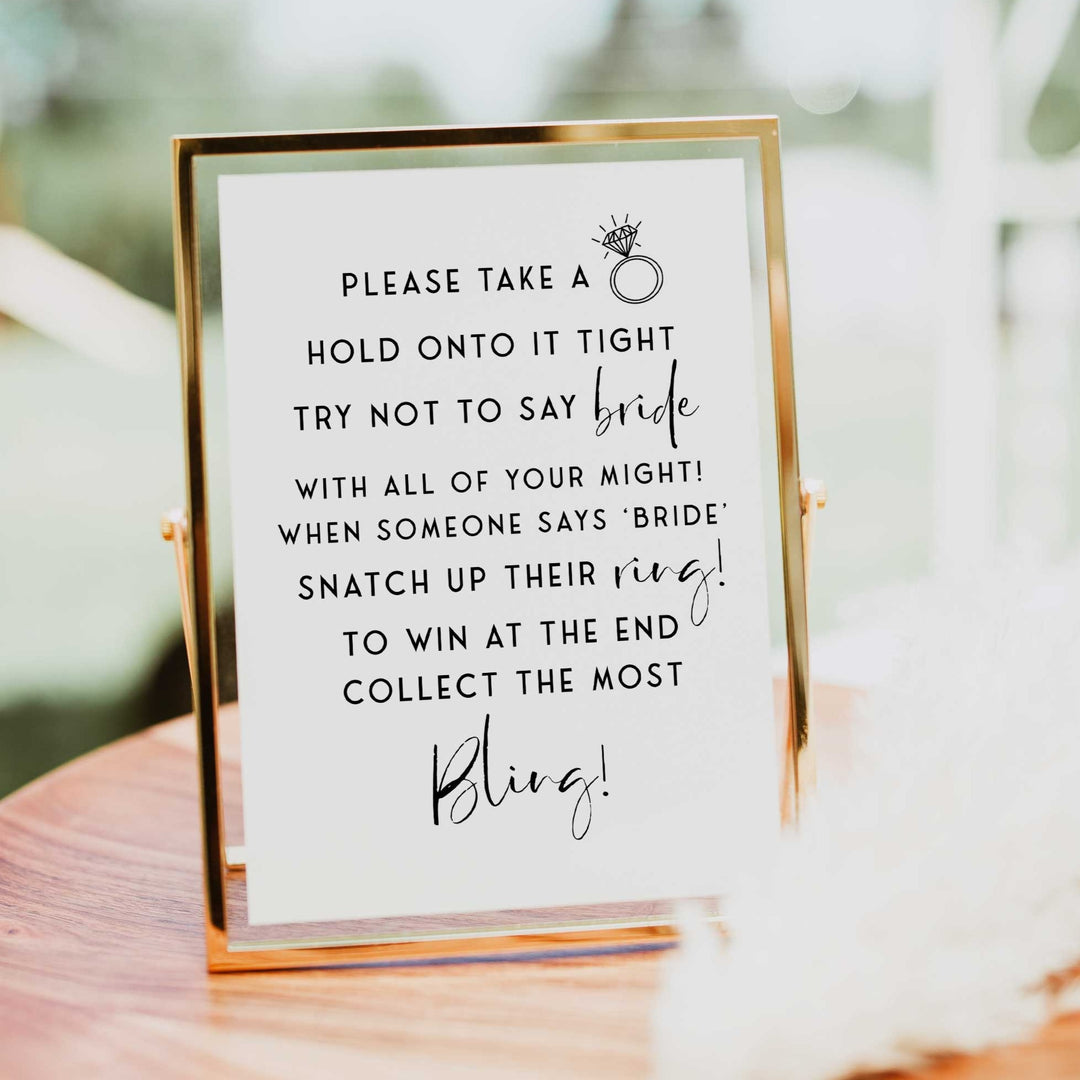 Fully editable and printable bridal shower please take a ring game with a modern minimalist design. Perfect for a modern simple bridal shower themed party