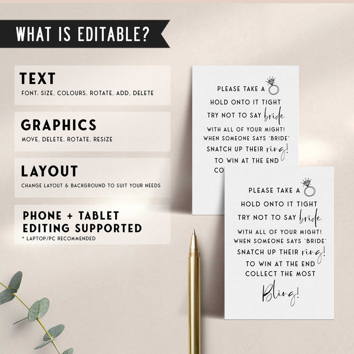Fully editable and printable bridal shower please take a ring game with a modern minimalist design. Perfect for a modern simple bridal shower themed party