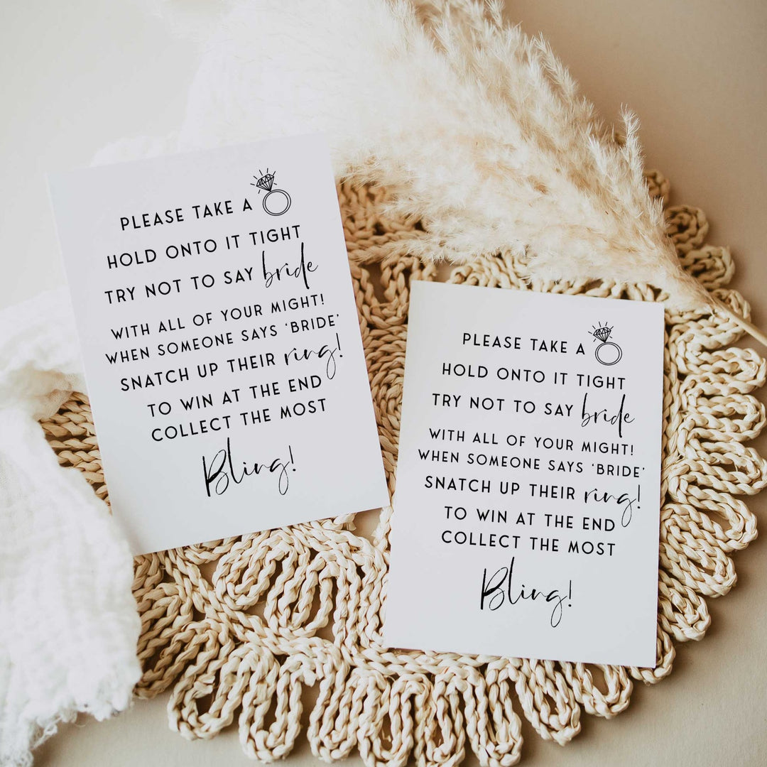 Fully editable and printable bridal shower please take a ring game with a modern minimalist design. Perfect for a modern simple bridal shower themed party