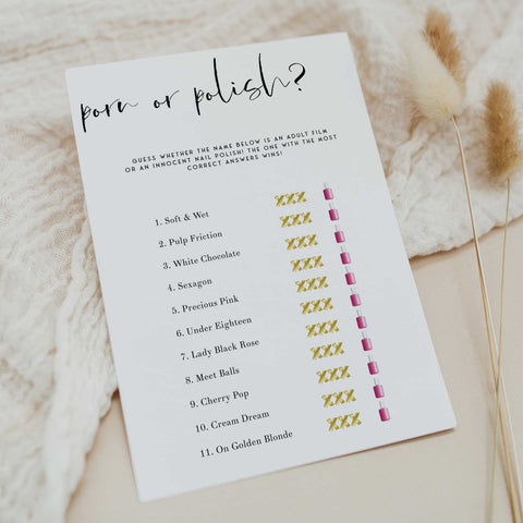Fully editable and printable bridal shower porn or polish game with a modern minimalist design. Perfect for a modern simple bridal shower themed party