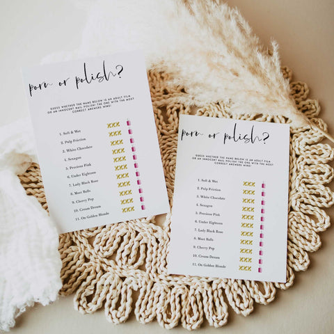 Fully editable and printable bridal shower porn or polish game with a modern minimalist design. Perfect for a modern simple bridal shower themed party