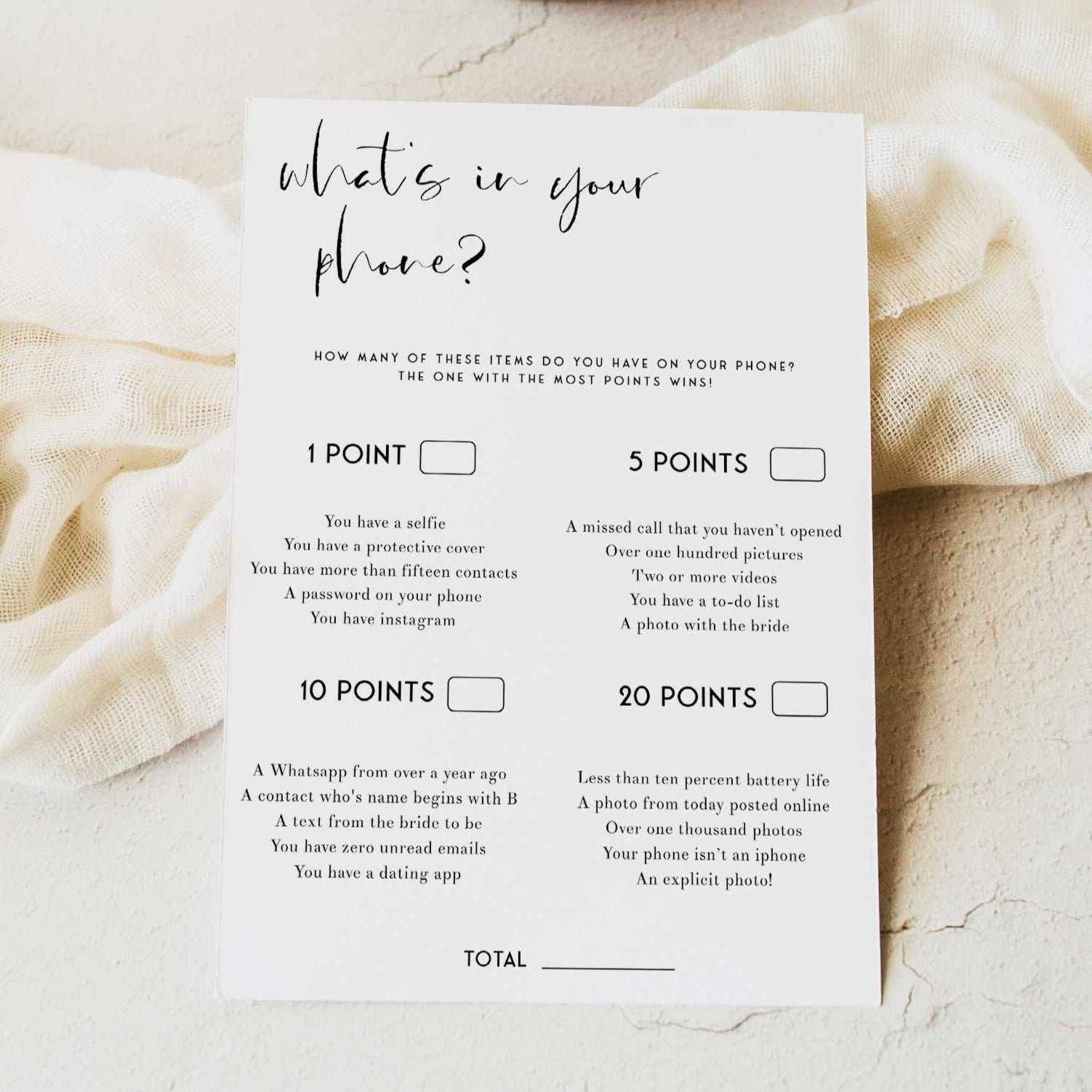 Fully editable and printable bridal shower what's in your phone game with a modern minimalist design. Perfect for a modern simple bridal shower themed party
