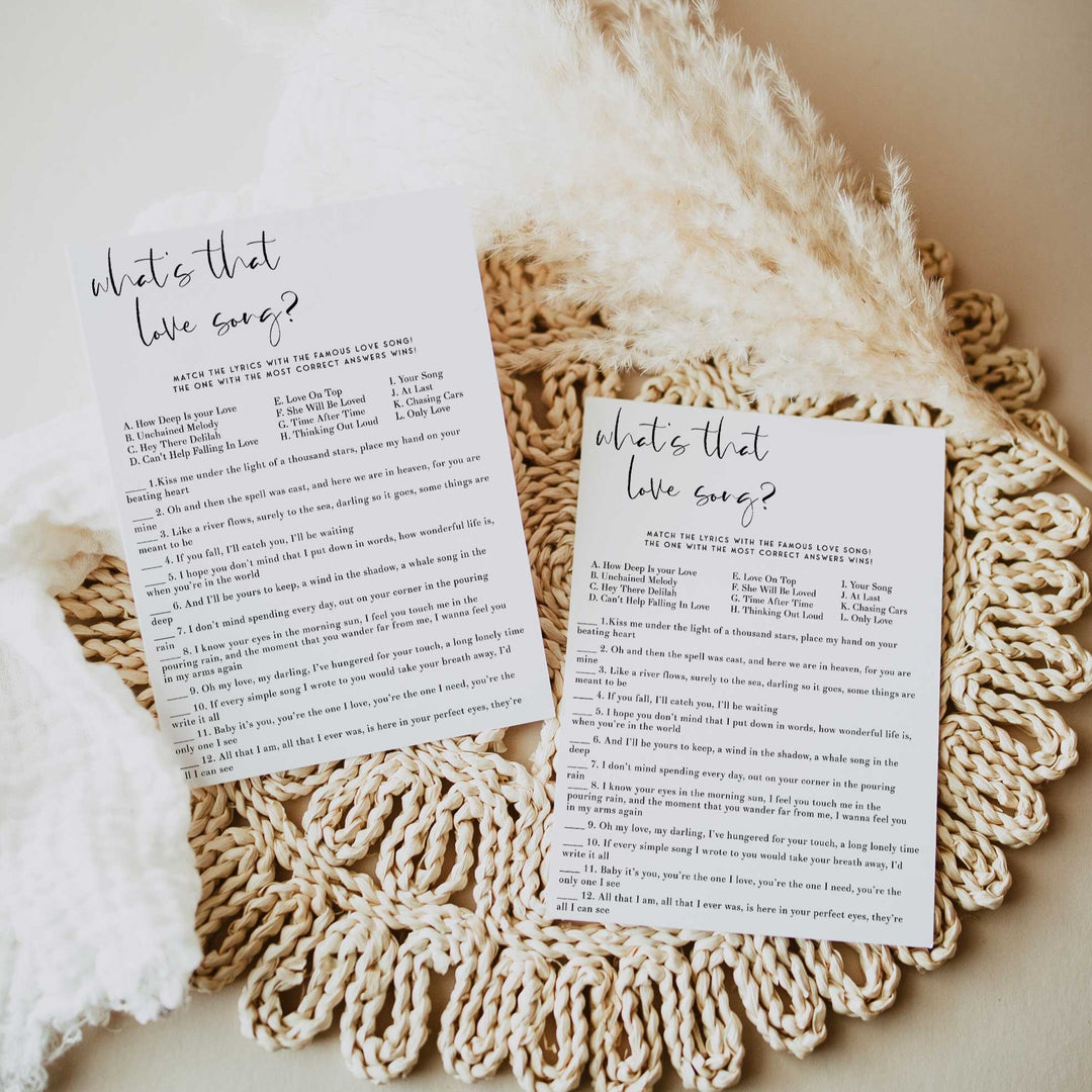 Fully editable and printable bridal shower what's that love song game with a modern minimalist design. Perfect for a modern simple bridal shower themed party
