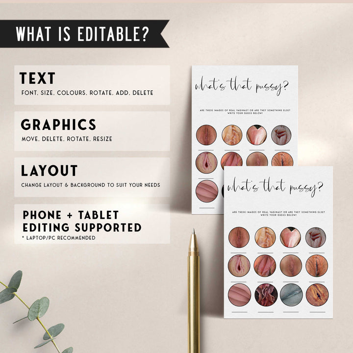 Fully editable and printable bridal shower what's that pussy game with a modern minimalist design. Perfect for a modern simple bridal shower themed party