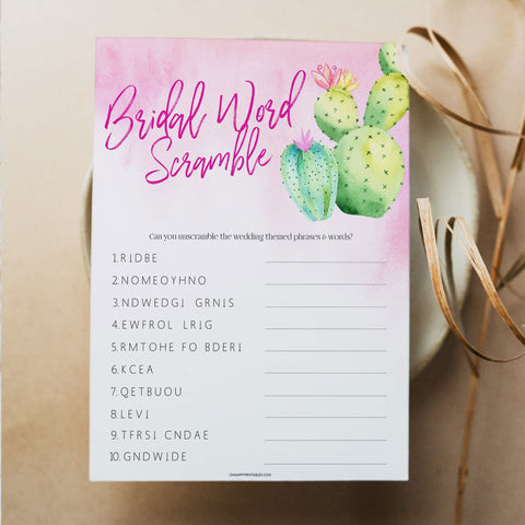 Bridal shower game printable Bridal Word Scramble, with a pink fiesta background and watercolour cactus design