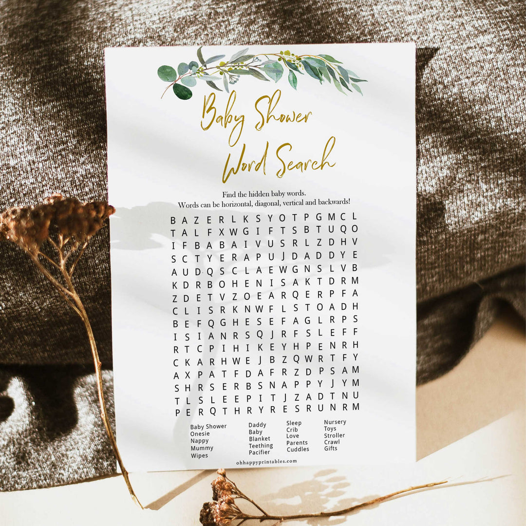 Eucalyptus baby games, baby shower word search, baby word search game, printable baby shower games, fun baby games, top baby games, best baby games, baby shower games