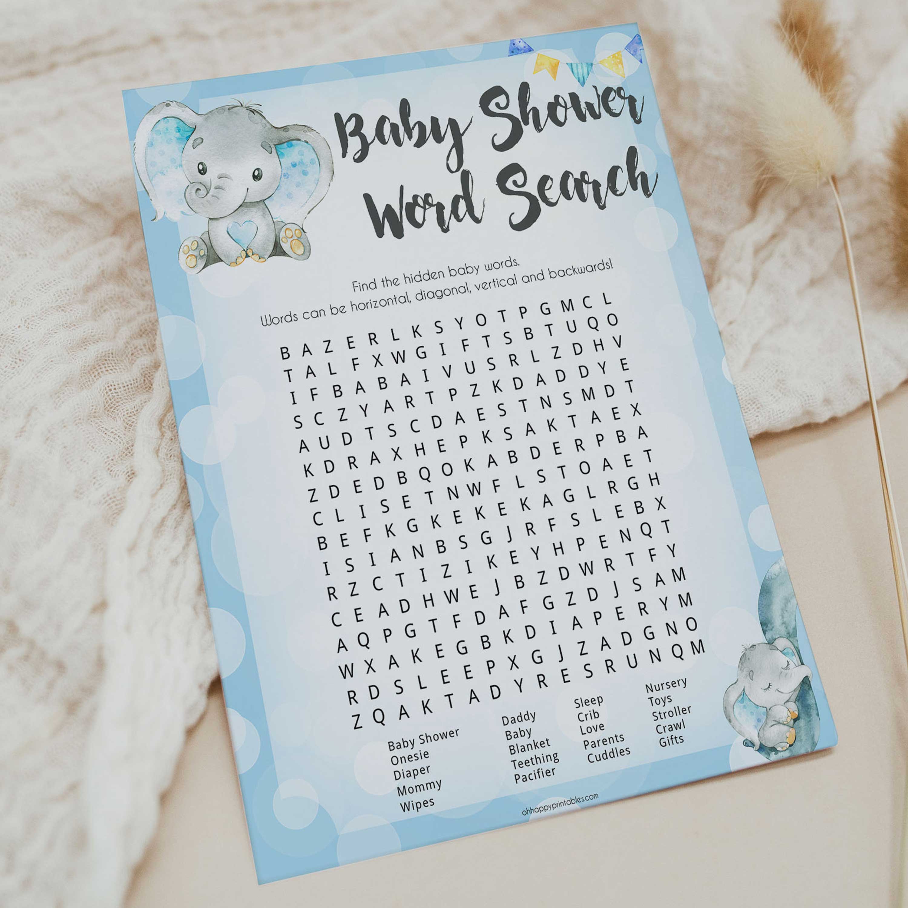 Blue elephant baby games, baby shower word search, elephant baby games, printable baby games, top baby games, best baby shower games, baby shower ideas, fun baby games, elephant baby shower