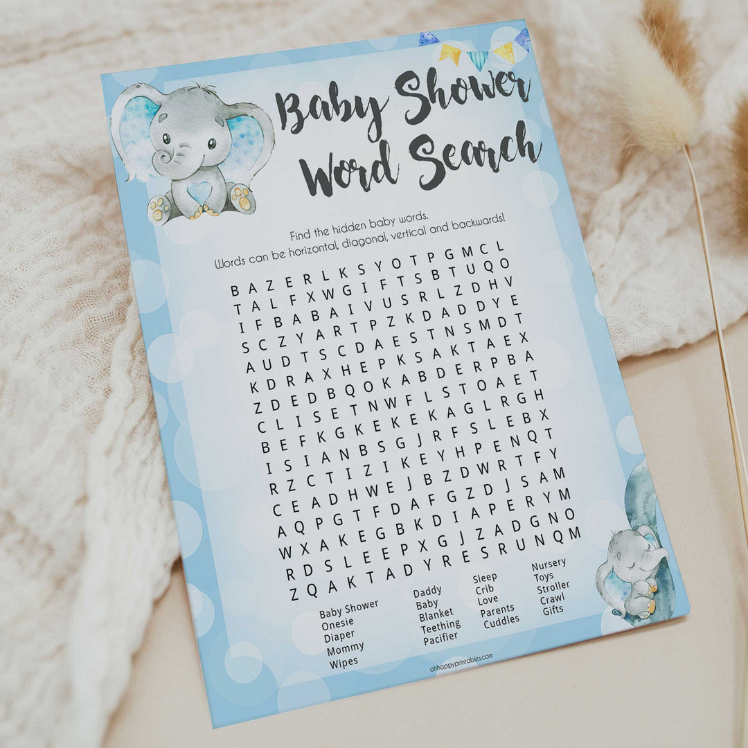 Blue elephant baby games, baby shower word search, elephant baby games, printable baby games, top baby games, best baby shower games, baby shower ideas, fun baby games, elephant baby shower