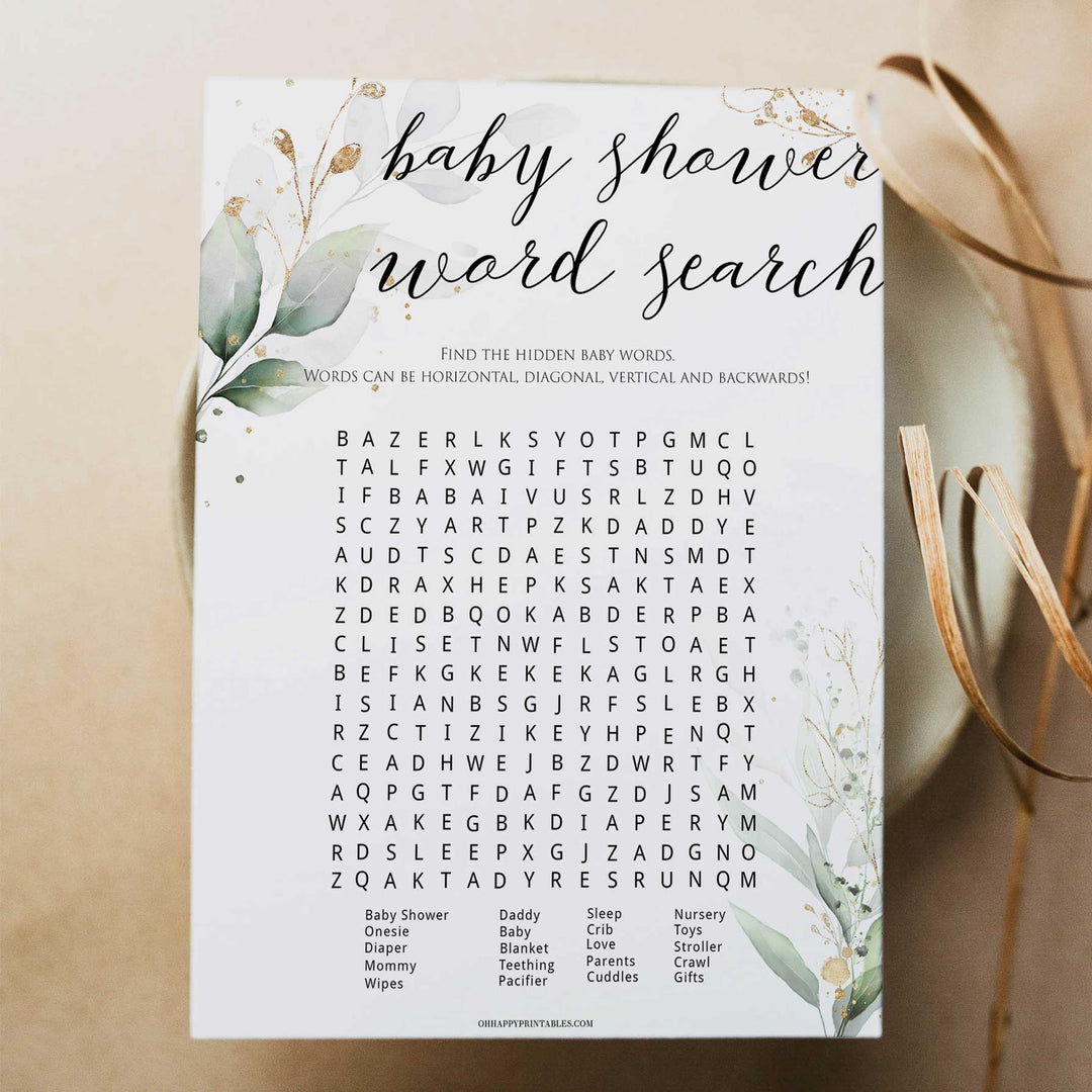 Gold green leaf baby games, baby shower word search, printable baby games, fun baby games, top baby games to play, gold leaf baby shower, greenery baby shower ideas
