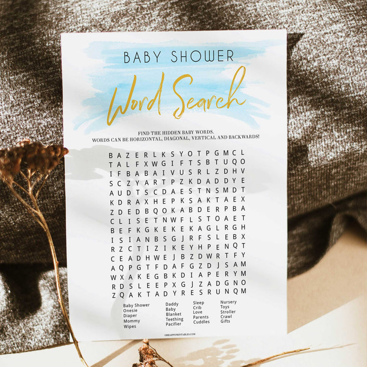baby shower word search game, printable baby games, blue baby shower games, baby word search, fun baby shower games
