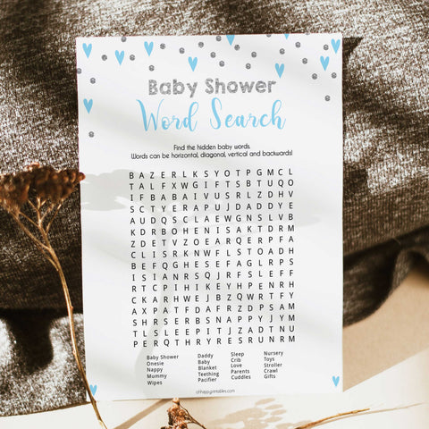 baby word search game, baby shower word search, Printable baby shower games, small blue hearts fun baby games, baby shower games, fun baby shower ideas, top baby shower ideas, silver baby shower, blue hearts baby shower ideas
