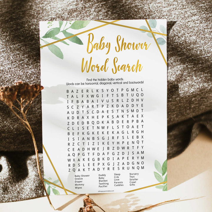 baby shower word search, baby word search game, Printable baby shower games, geometric fun baby games, baby shower games, fun baby shower ideas, top baby shower ideas, gold baby shower, blue baby shower ideas