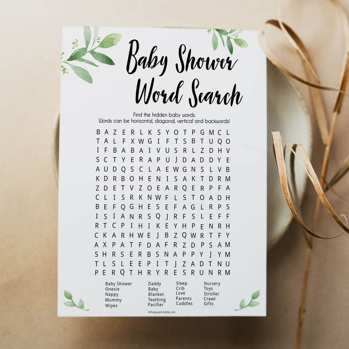 botanical baby games, word search baby game, floral baby shower, word search, printable baby games, top 10 baby games, popular baby games
