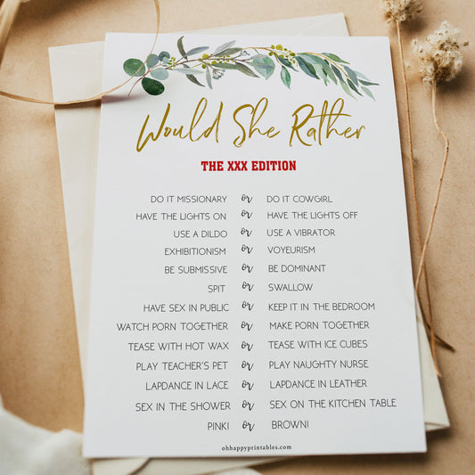 Bachelorette party game Dirty Would She Rather  with a gold and eucalyptus greenery design