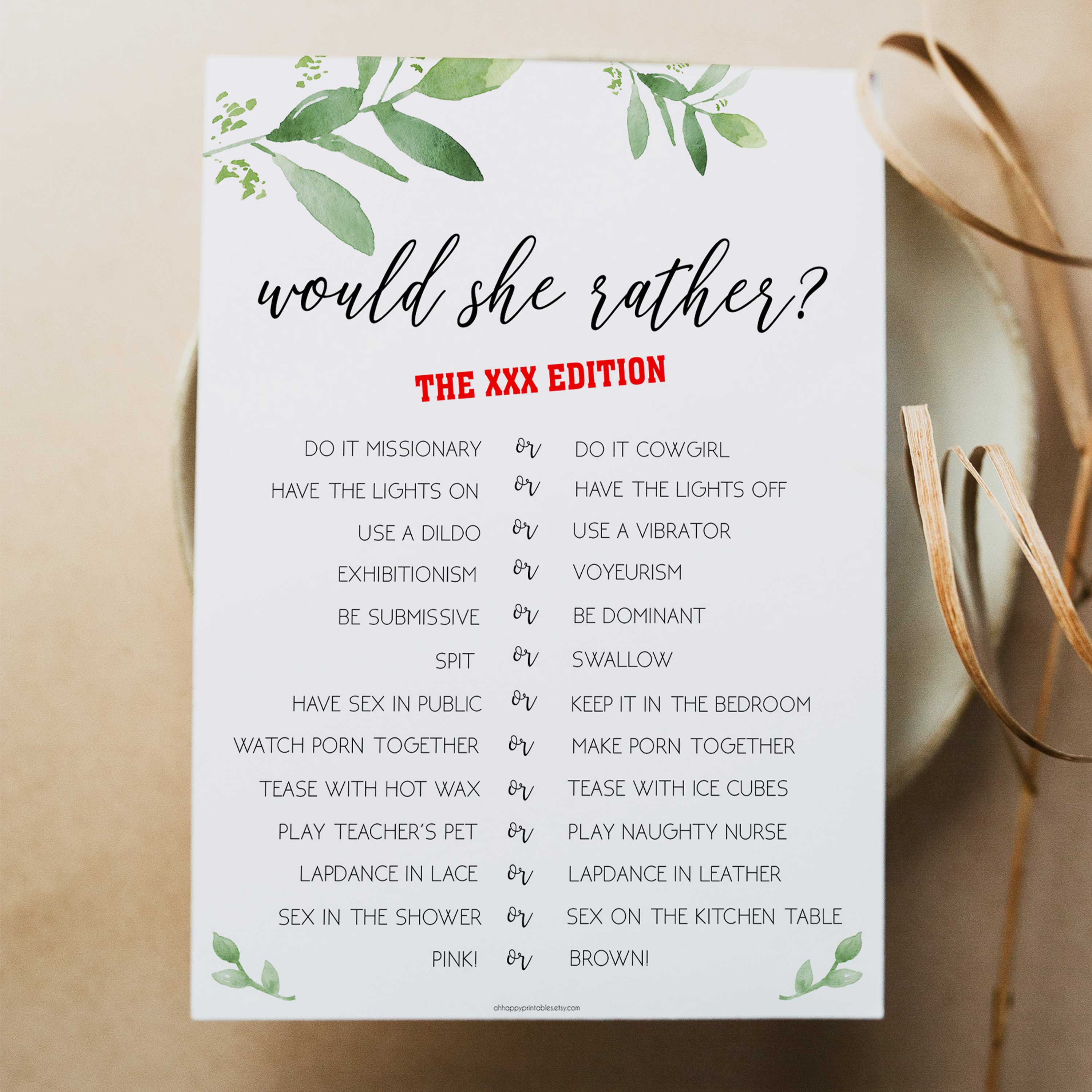 adult would she rather game, greenery bridal shower, fun bridal shower games, bachelorette party games, floral bridal games, hen party ideas