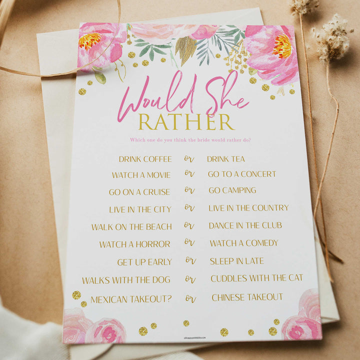 would she rather game, printable bridal shower games, blush floral bridal shower games, fun bridal shower games