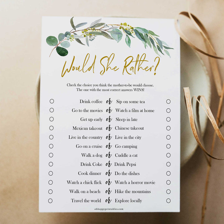 Eucalyptus baby shower games, would she rather game baby game, fun baby shower games, printable baby games, baby shower ideas, baby games, baby shower baby shower bundle, baby shower games packs, botanical baby shower