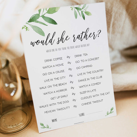 would  she rather game, greenery bridal shower, fun bridal shower games, bachelorette party games, floral bridal games, hen party ideas