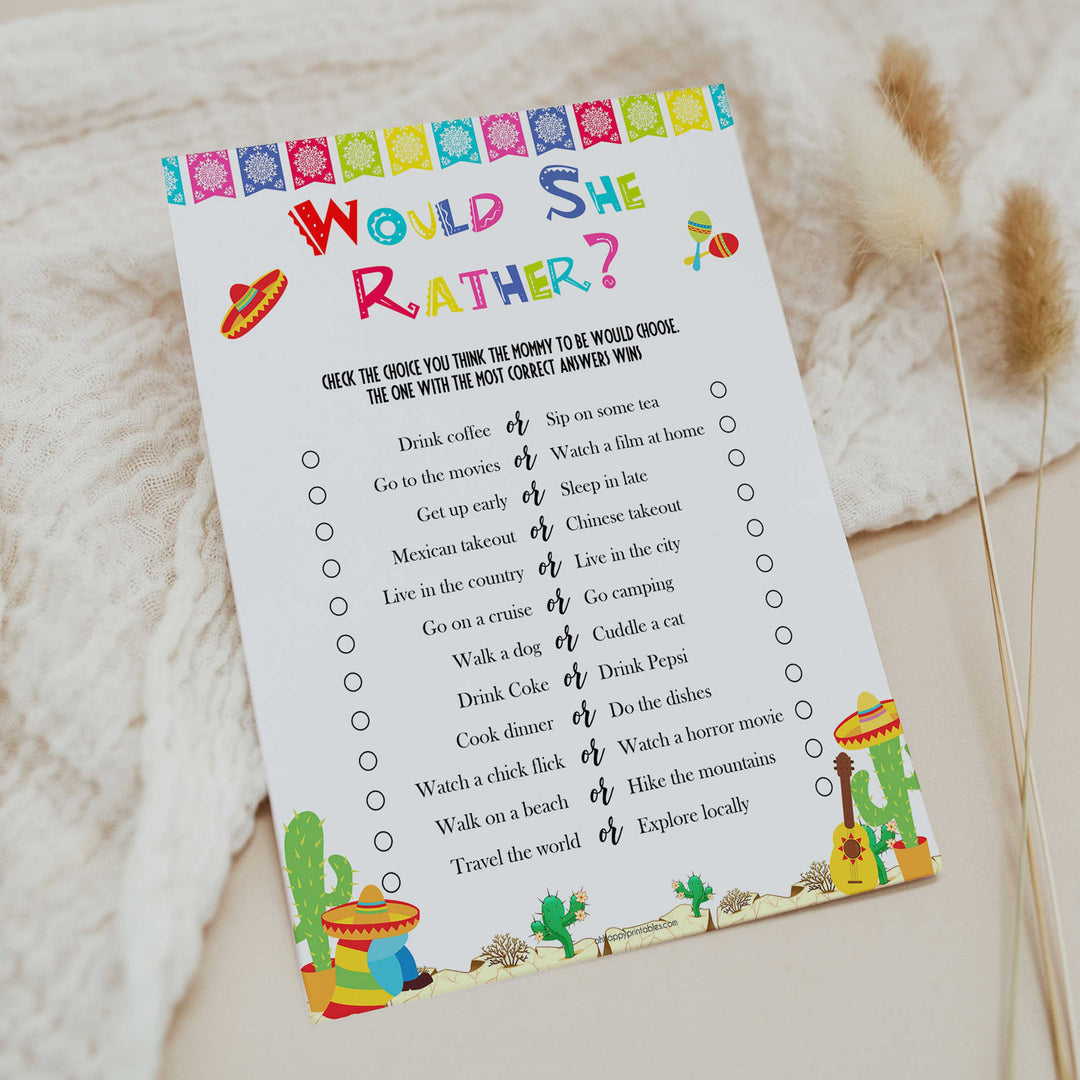would she rather game, Printable baby shower games, Mexican fiesta fun baby games, baby shower games, fun baby shower ideas, top baby shower ideas, fiesta shower baby shower, fiesta baby shower ideas