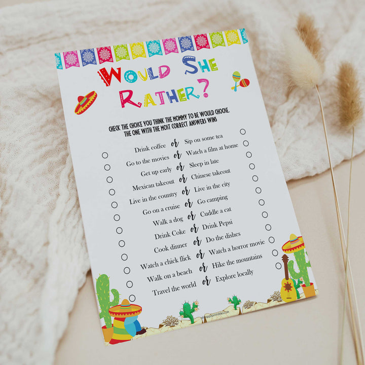 would she rather game, Printable baby shower games, Mexican fiesta fun baby games, baby shower games, fun baby shower ideas, top baby shower ideas, fiesta shower baby shower, fiesta baby shower ideas