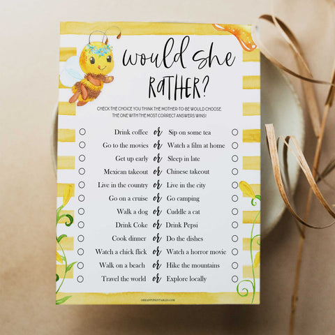 would she rather baby game, would she rather, Printable baby shower games, mommy bee fun baby games, baby shower games, fun baby shower ideas, top baby shower ideas, mommy to bee baby shower, friends baby shower ideas