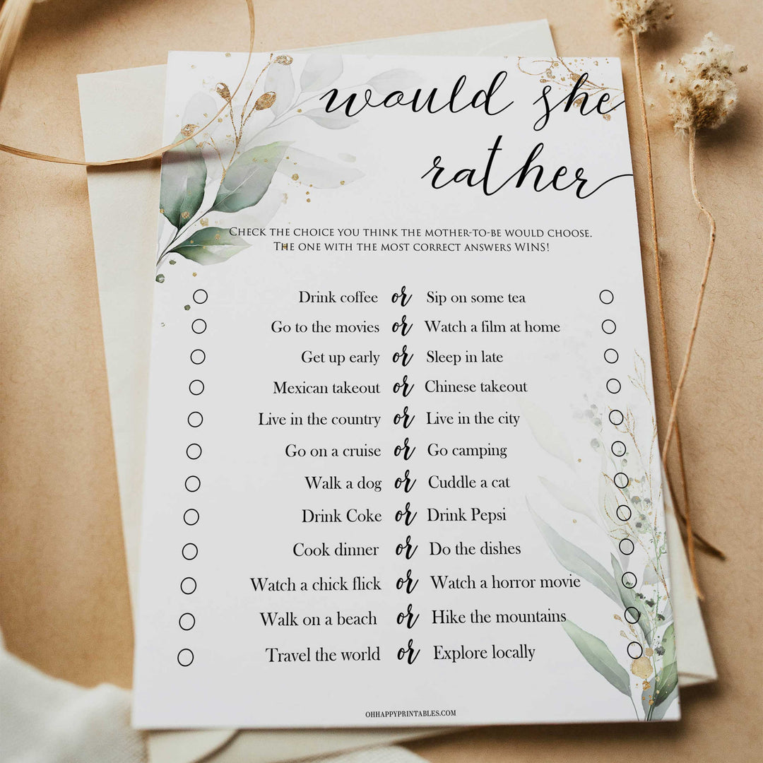 Gold green leaf baby games, would she rather baby games, printable baby games, fun baby games, top baby games to play, gold leaf baby shower, greenery baby shower ideas