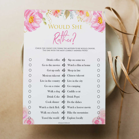 would she rather game, baby would she rather, Printable baby shower games, blush floral fun baby games, baby shower games, fun baby shower ideas, top baby shower ideas, blush baby shower, blue baby shower ideas