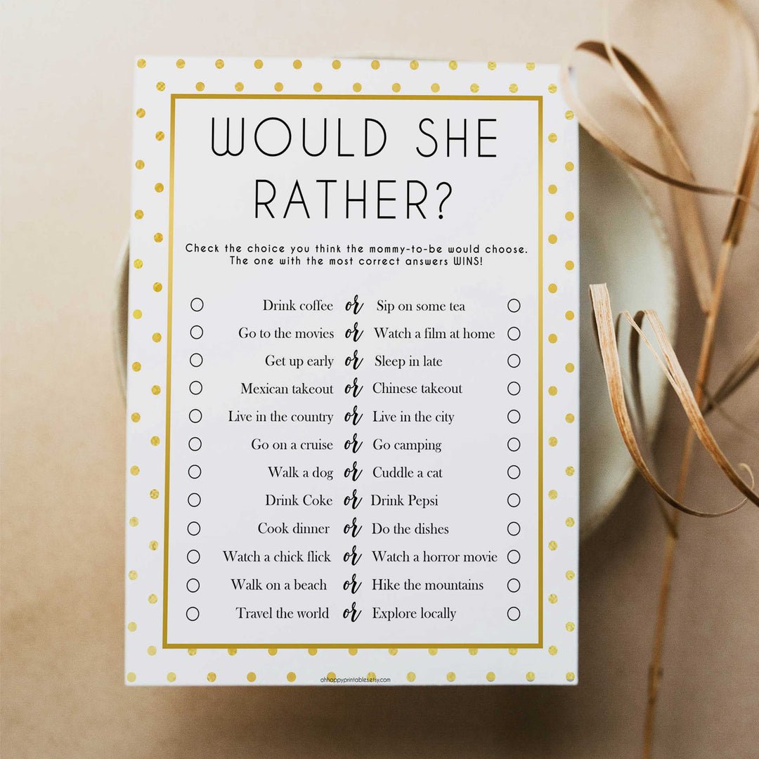 would she rather game, baby would she rather, Printable baby shower games, baby gold dots fun baby games, baby shower games, fun baby shower ideas, top baby shower ideas, gold glitter shower baby shower, friends baby shower ideas