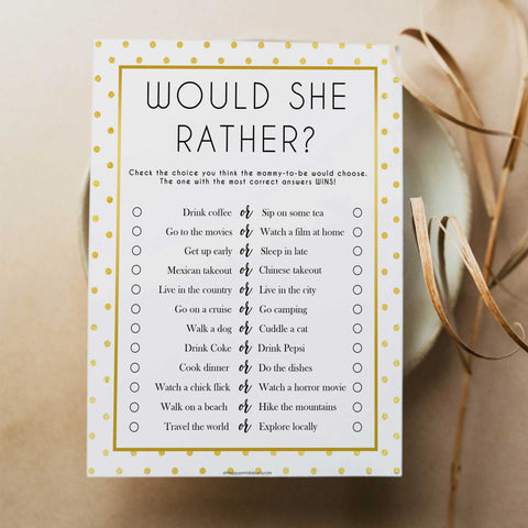 would she rather game, baby would she rather, Printable baby shower games, baby gold dots fun baby games, baby shower games, fun baby shower ideas, top baby shower ideas, gold glitter shower baby shower, friends baby shower ideas