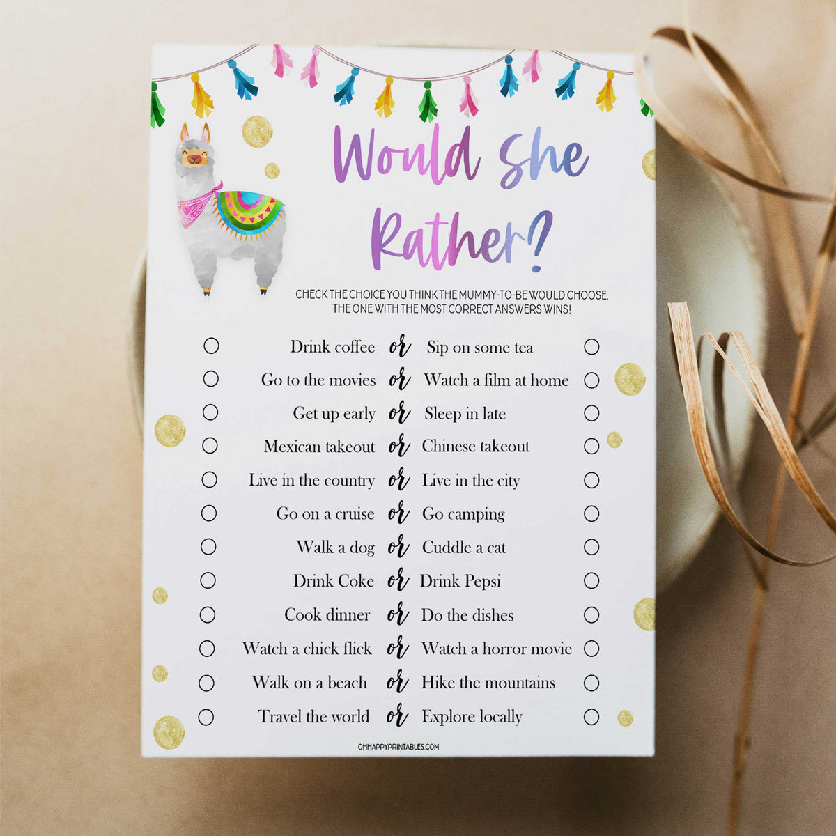 baby shower would she rather, would she rather game, Printable baby shower games, llama fiesta fun baby games, baby shower games, fun baby shower ideas, top baby shower ideas, Llama fiesta shower baby shower, fiesta baby shower ideas