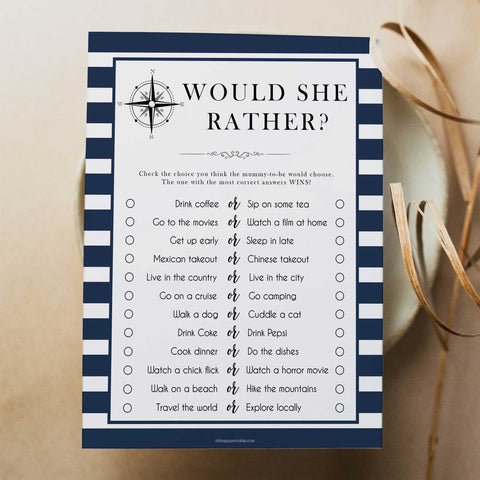 Would She Rather game, would she rather printable, Printable baby shower games, nautical baby shower games, nautical baby games, fun baby shower games, top baby shower ideas