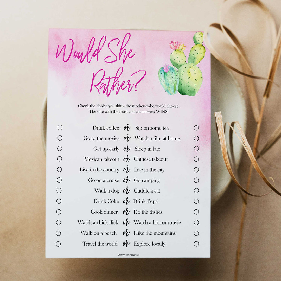 Cactus baby shower games, cactus would she rather baby game, printable baby games, Mexican baby shower, Mexican baby games, fiesta baby games, popular baby games, printable baby games