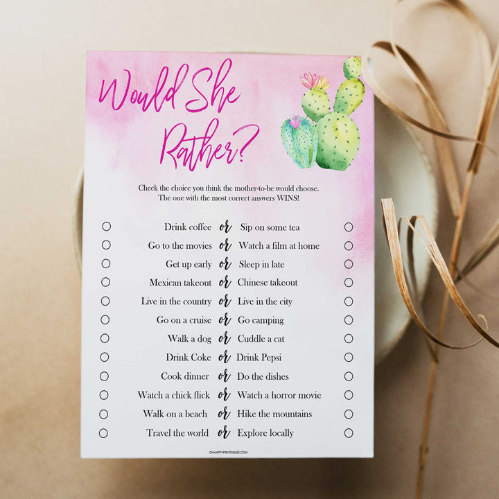 Cactus baby shower games, cactus would she rather baby game, printable baby games, Mexican baby shower, Mexican baby games, fiesta baby games, popular baby games, printable baby games