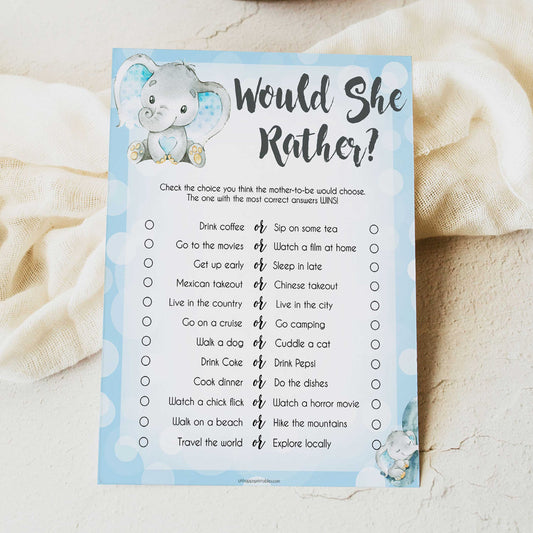 Blue elephant baby games, would she rather, elephant baby games, printable baby games, top baby games, best baby shower games, baby shower ideas, fun baby games, elephant baby shower