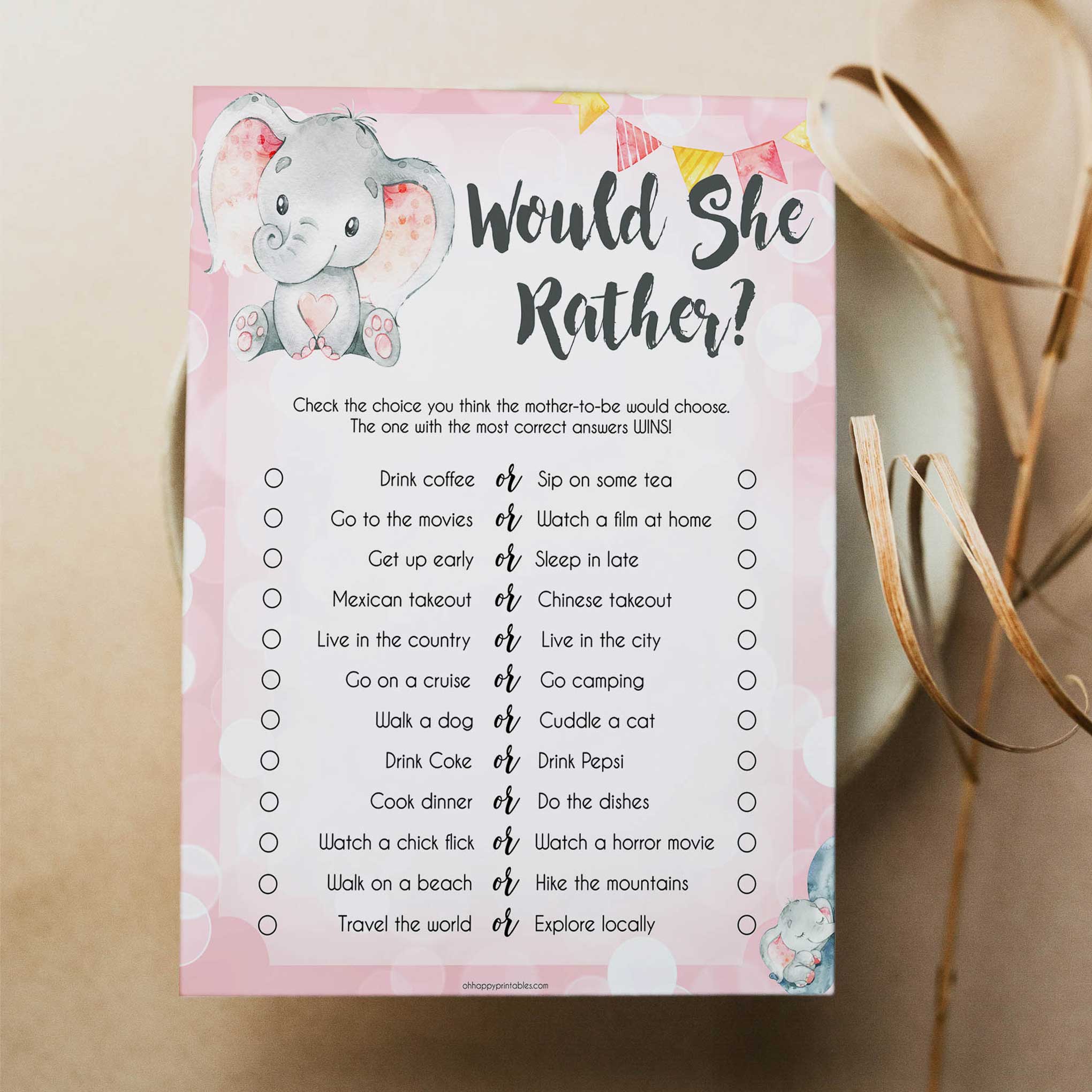 would she rather baby game, would she rather, Printable baby shower games, fun abby games, baby shower games, fun baby shower ideas, top baby shower ideas, pink elephant baby shower, pink baby shower ideas