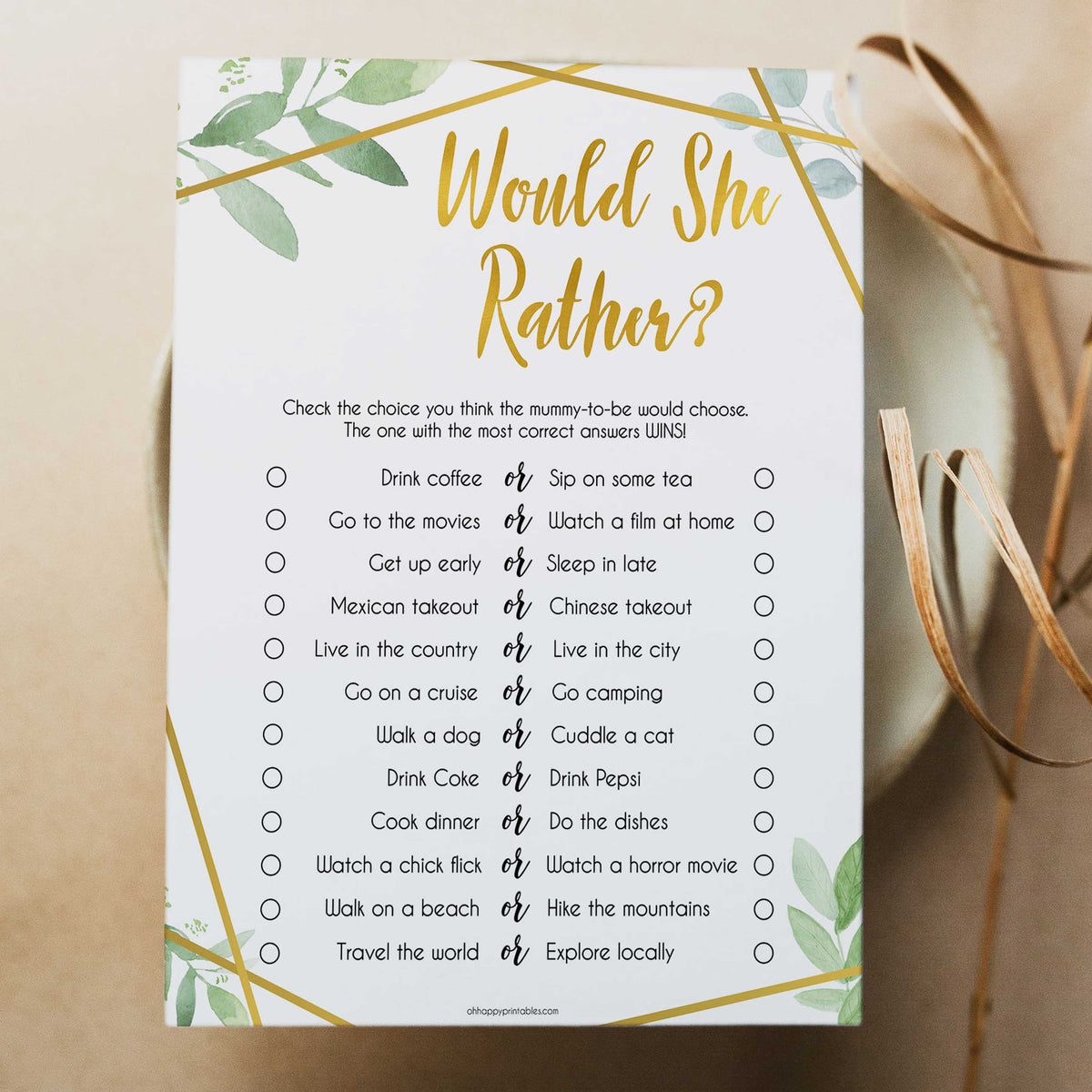 would she rather baby game, would she rather, Printable baby shower games, geometric fun baby games, baby shower games, fun baby shower ideas, top baby shower ideas, gold baby shower, blue baby shower ideas