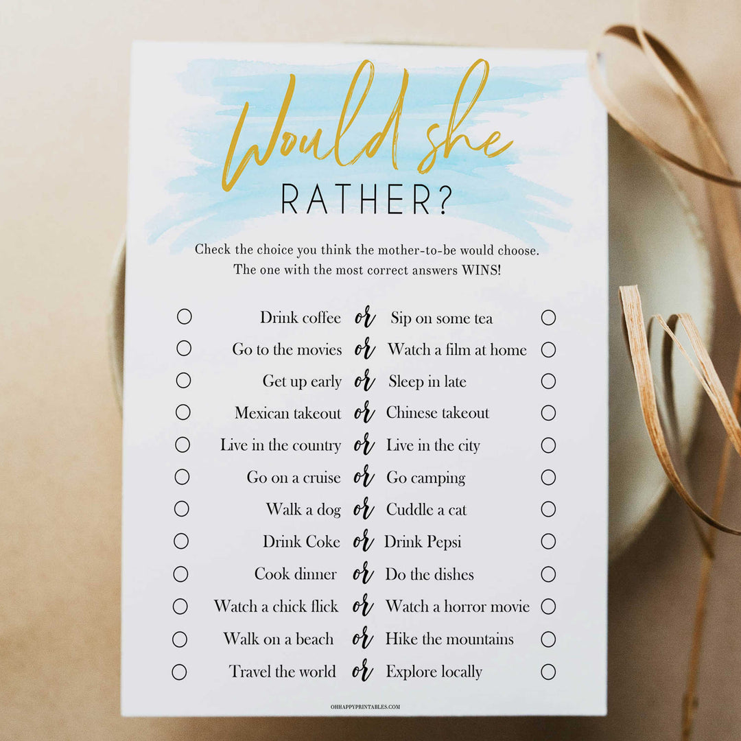 baby would she rather game, printable baby games, blue baby shower games, fun baby games, baby shower ideas