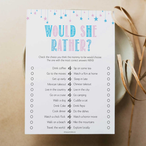 Gender reveal baby games, would she rather baby game, gender reveal shower, fun baby games, gender reveal ideas, popular baby games, best baby games, printable baby games, gender reveal baby games