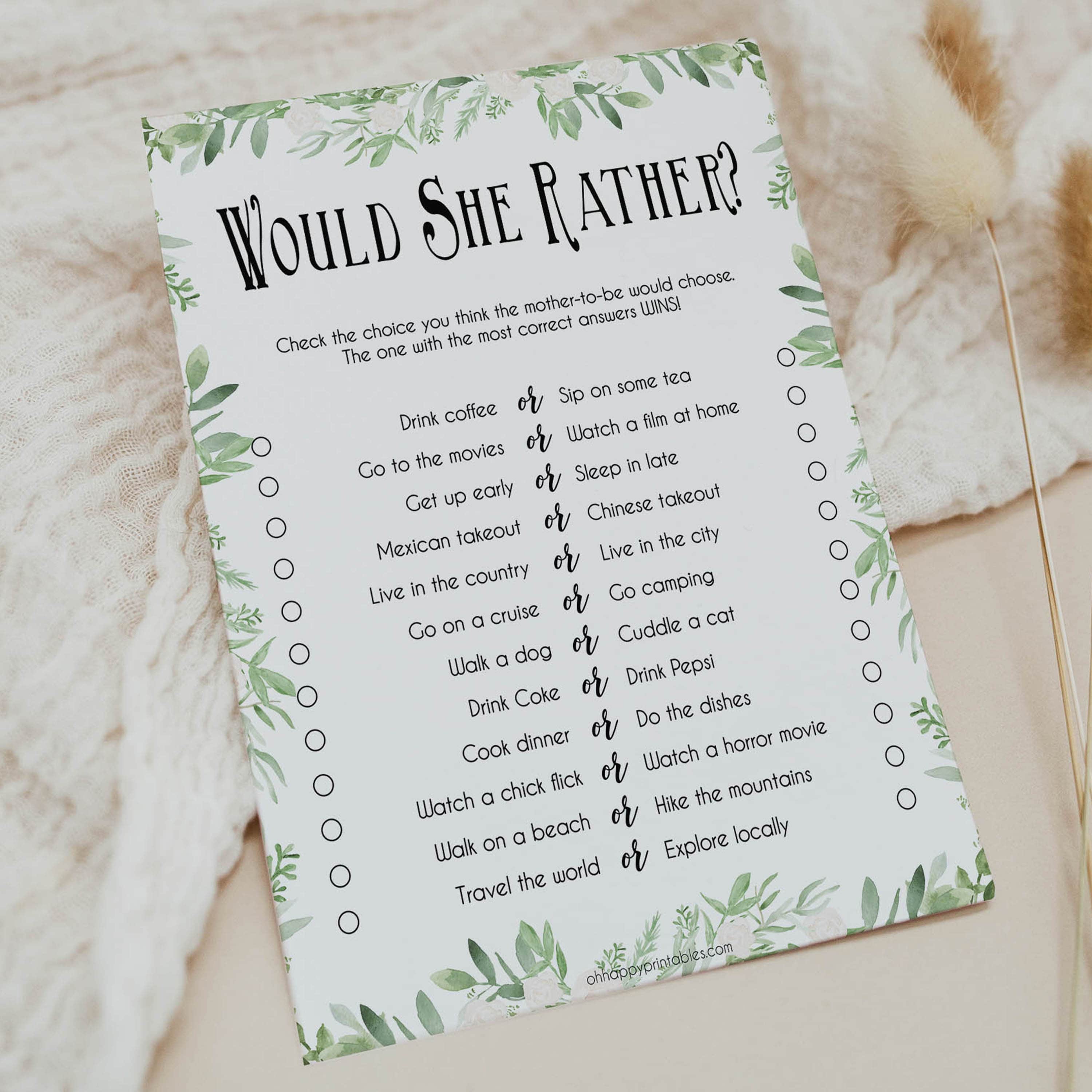 baby would she rather game, would she rather, Printable baby shower games, greenery baby shower games, fun floral baby games, botanical baby shower games