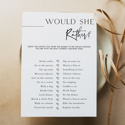 Printable baby shower game Would She Rather with a modern minimalist design