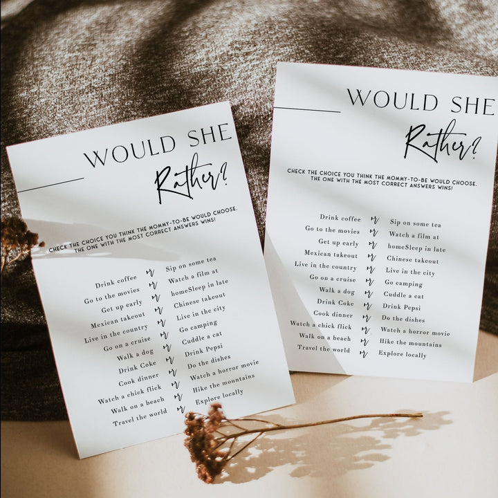 Printable baby shower game Would She Rather with a modern minimalist design