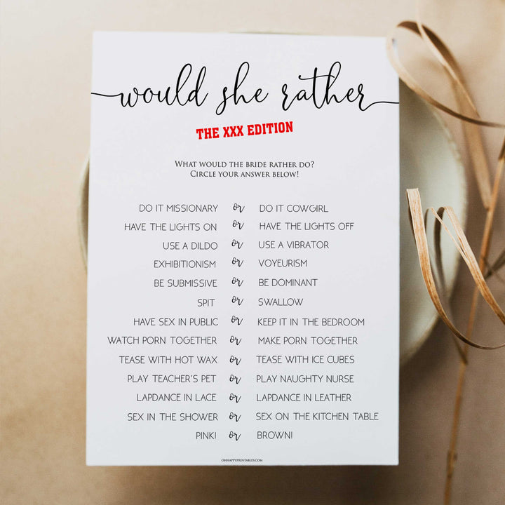 minimalist bachelorette games, dirty would she rather, bridal shower games bundle, dirty bridal games, printable bridal games, bridal shower games, hen party hames, bachelorette games