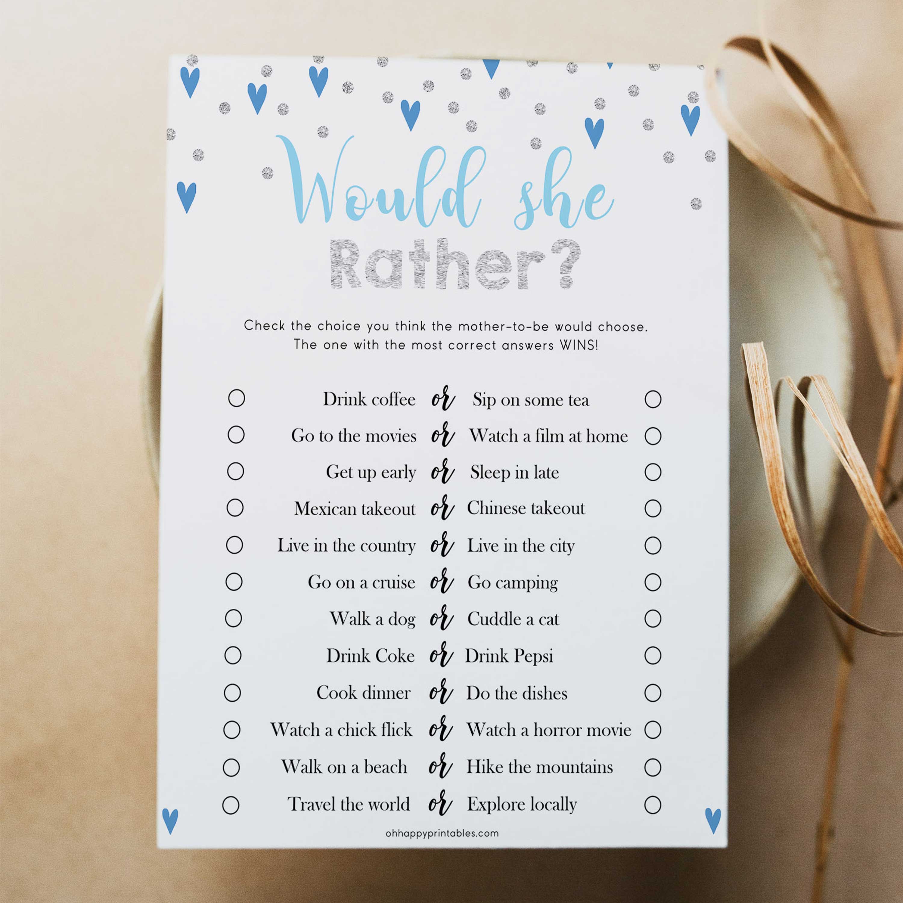 Would She Rather Baby Game, Would She Rather, Printable baby shower games, small blue hearts fun baby games, baby shower games, fun baby shower ideas, top baby shower ideas, silver baby shower, blue hearts baby shower ideas